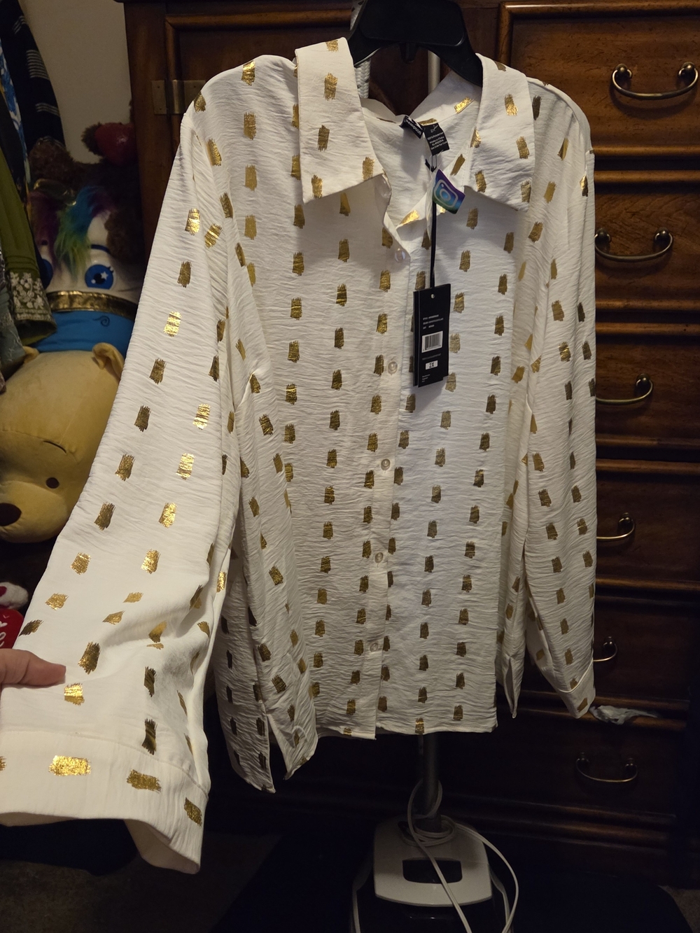 White Button-Down Shirt with Gold Foil Dots - Women's